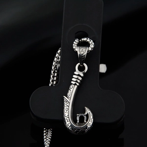 Vintage silver fish hook pendant with engraved patterns and black gemstone for men and women