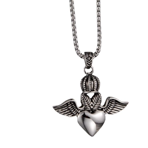 Halskette mit Herz-Flügel-Anhänger und Krone in oxidiertem Silber für Damen und Herren