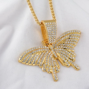 Collier Pendentif Papillon Hip Hop Iced Out pour Femmes Hommes Alliage Plaqué Or Pavé de Strass Bijoux de Boîte de Nuit