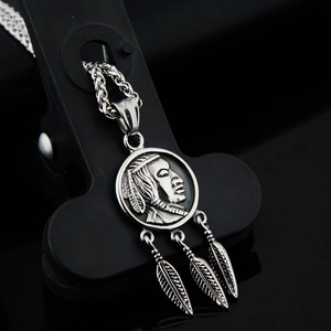 Hip hop titanium steel necklace featuring Indian chief coin and feather pendants