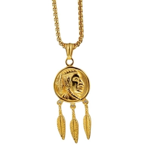 Hip hop titanium steel necklace featuring gold Indian coin pendant with three feathers