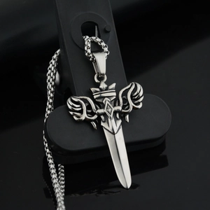 Vintage Stainless Steel Sword Pendant Necklace Wing Design Hip Hop Gothic Punk Jewelry For Men Women Rhinestone Necklace