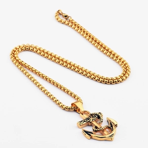 Golden hip hop anchor pendant necklace with box chain and vintage engraved details