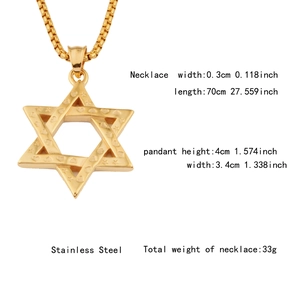 Collier pendentif hexagramme hip hop en acier inoxydable doré avec chaîne carrée