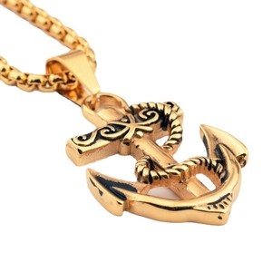 Vintage gold anchor pendant necklace with rope detail and stainless steel bead chain