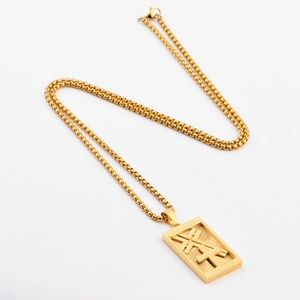 Hip hop square plaque cross pendant necklace in gold-plated stainless steel on white back