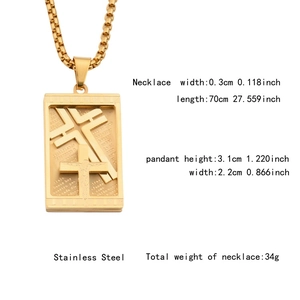 Gold stainless steel cross pendant necklace with rectangular plate and bead chain
