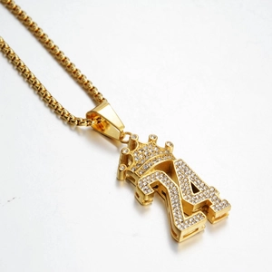 Hip Hop Crown Number 24 Pendant Necklace Stainless Steel Gold Plated Rhinestone Inlaid Iced Out Jewelry For Men Women