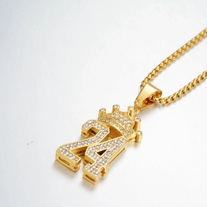 Hip hop style gold-toned number 24 crown pendant necklace with micro-pave zircons