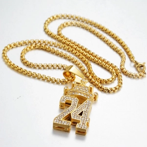 Hiphop gold necklace featuring number 24 crown pendant with sparkling full rhinestones