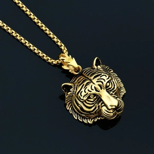Hip hop style gold-toned tiger head pendant necklace with rounded box chain for men and women