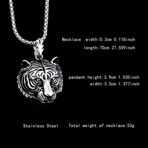 Hip hop tiger head stainless steel pendant necklace with 70cm chain dimensions and weight details