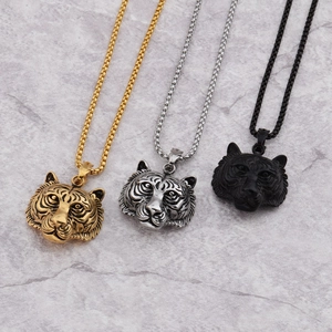Hip Hop Titanium Steel Tiger Head Pendant Necklace For Men Punk Street Style Animal 3D Relief Jewelry With Box Chain