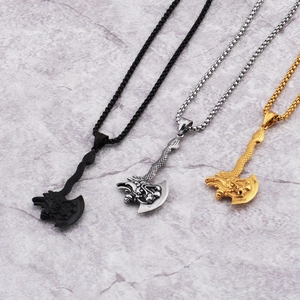 Hip Hop Dragon Head Battle Axe Pendant Necklace Gothic Punk Titanium Steel Dragon Scale Pattern Jewelry For Men Women Gift