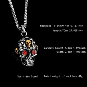Collier Pendentif Tête de Mort en Acier Titane Punk Gothique Yeux en Strass Rouge Bleu Bijoux Hip Hop