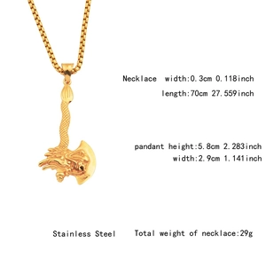Hip hop dragon axe pendant necklace in gold stainless steel with detailed box chain