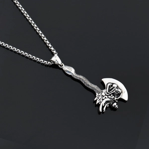 Hip hop viking dragon axe pendant necklace in vintage stainless steel with square chain