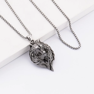 Hip-Hop Wolfskopf Anhänger Halskette mit schwarzem Stein und Box-Kette für Damen und Herren