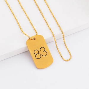Hip hop gold stainless steel dog tag necklace with number 83 and bead chain