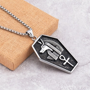 Hip hop stainless steel Egyptian Ankh Anubis coffin pendant necklace for men and women