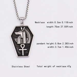 Hip hop stainless steel Anubis coffin pendant necklace with Ankh cross details