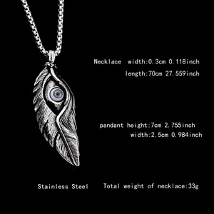 Collier hip hop en acier inoxydable avec pendentif plume rétro et breloque œil maléfique noir
