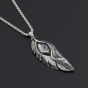 Collier Pendentif Plume et Oeil en Acier au Titane Punk Gothique pour Hommes Femmes Bijoux Hip Hop Rétro Cadeau