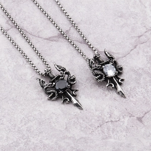 Gothic Dragon Sword Pendant Necklace For Men Women Stainless Steel Vintage Punk Jewelry Large Round Zirconia Inlaid Box Chain Necklace