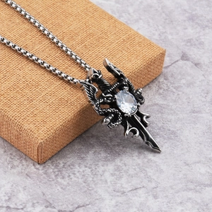Hip hop stainless steel dragon wrapped sword necklace with sparkling zircon pendant