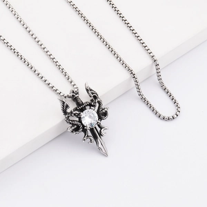 Gothic sword pendant necklace with wings and dragon motifs in vintage silver finish