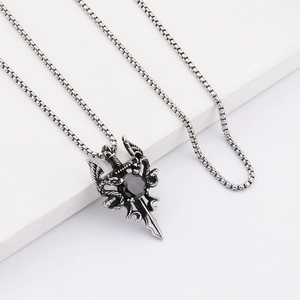 Gothic sword pendant necklace with snake wings and black gemstone in stainless steel