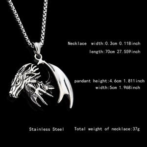 Detailed macro view of flying dragon pendant dimensions and stainless steel material info