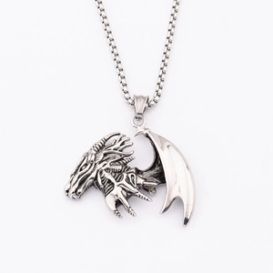 Hip hop style dragon skull pendant necklace in antique silver finish with box chain