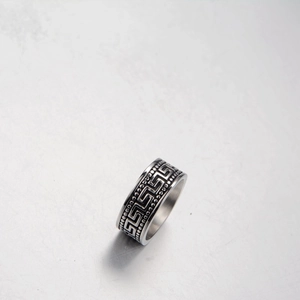 Titanium steel hip hop ring with vintage Greek fret patterns and beaded edges