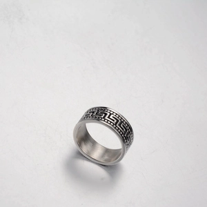 Titanium steel hiphop ring featuring Greek meander pattern and beaded edges in silver