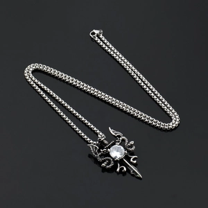 Gothic titanium steel sword necklace with cross snakes and sparkling crystal stone