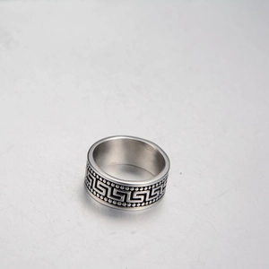 Hip hop titanium steel ring with silver Greek key pattern and decorative beaded edges