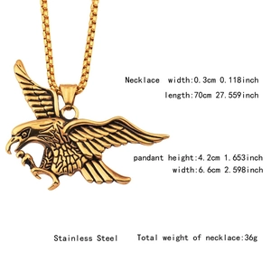 Detailed specs of the vintage eagle pendant in stainless steel with box chain dimensions
