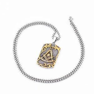 Hip hop two-tone gold and silver Freemasonry pendant with a square box chain necklace