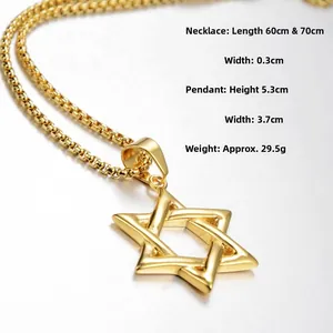 Nahaufnahme des goldenen Hexagramm-Anhängers mit Box-Kette und Größenangaben am Bild