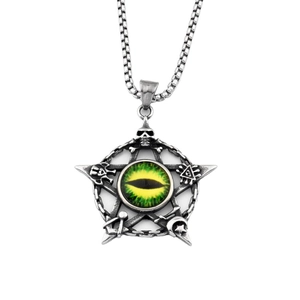Gothic pentagram necklace with green demon eye and vintage silver finish on box chain