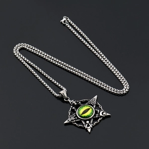 Gothic pentagram necklace with green evil eye and masonic symbols in silver titanium steel
