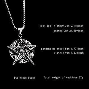 Pendentif gothique crâne et pentagramme en acier inoxydable avec chaîne maille box