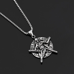 Collier Pendentif Pentagramme Crâne Gothique Acier Titane Vintage Punk Hip Hop Bijoux Cadeau Pour Hommes Femmes Argent