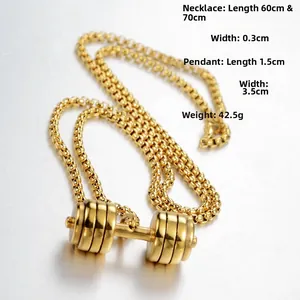 Macro detail of golden dumbbell pendant with necklace dimensions and technical parameters