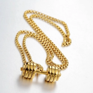Creative hip-hop golden dumbbell pendant necklace in titanium steel for men and women
