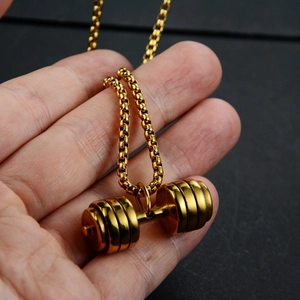 Creative gold dumbbell pendant necklace in stainless steel with a round box chain