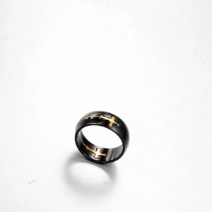 Men's retro cross pattern titanium steel ring in black and gold matte finish