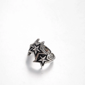 Vintage oxidized silver stainless steel open ring with double star design for men