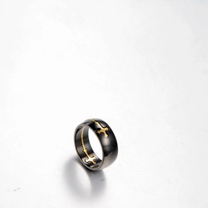 Vintage black stainless steel wide ring for men with gold cross patterns and matte finish